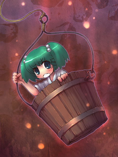girl_in_bucket green_hair hair_bobbles hair_ornament in_bucket in_container kisume sankuma short_hair touhou twintails