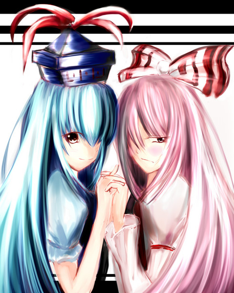 2girls blue_hair blush fujiwara_no_mokou hair_over_eyes hand_holding hat kamishirasawa_keine purple_hair ribbon ribbons touhou