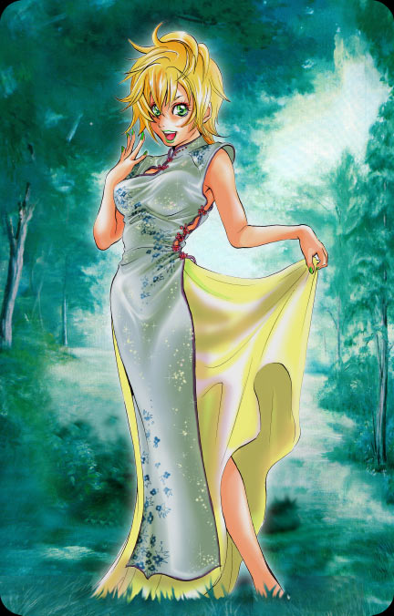 china_dress chinadress chinese_clothes chito chitose_(love&#9734;strip) eyeshadow forest green_eyes jojo's_bizarre_adventure jojo_no_kimyou_na_bouken lipstick makeup nature open_mouth skirt skirt_lift solo trish_una