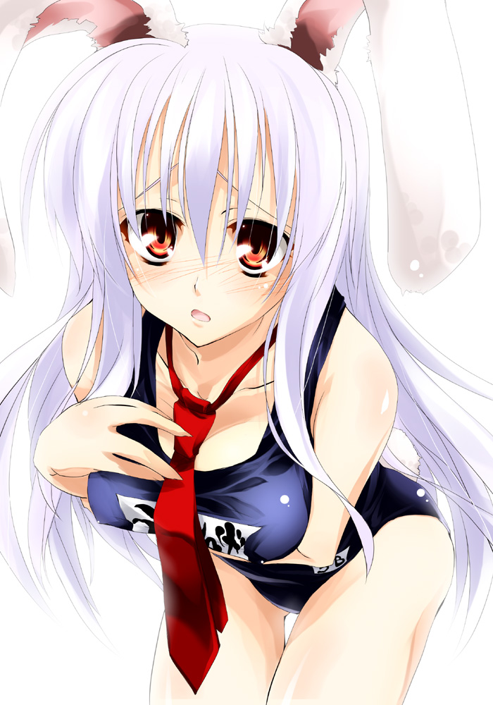 1girl animal_ears arm_under_breasts bangs bare_thighs blush breasts bunny_ears collarbone delusion_overdose eyebrows eyebrows_behind_hair floppy_ears hair_between_eyes hair_over_eyes long_bangs long_hair matsuno_canel necktie one-piece_swimsuit rabbit_ears red_eyes red_tie reisen_udongein_inaba school_swimsuit shy swimsuit thigh_gap thighs tie touhou white_eyebrows white_hair
