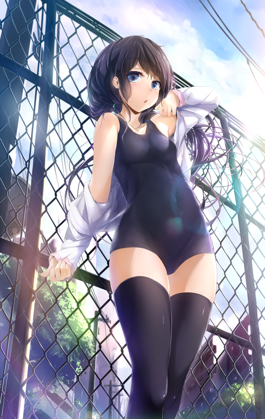 1girl black_hair black_legwear blue_eyes blush building bush chain-link_fence clouds competition_swimsuit fence highres long_hair looking_at_viewer one-piece_swimsuit open_clothes open_mouth open_shirt original pole power_lines revision sky solo swimsuit thigh-highs tree wingheart