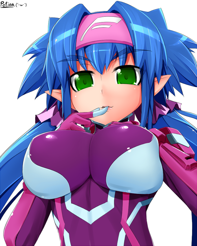 blue_hair bodysuit breast_squeeze breasts finger_to_mouth green_eyes headband klan_klein large_breasts long_hair macross macross_frontier pointy_ears potion_(artist) potion_(moudamepo) skin_tight solo twintails very_long_hair