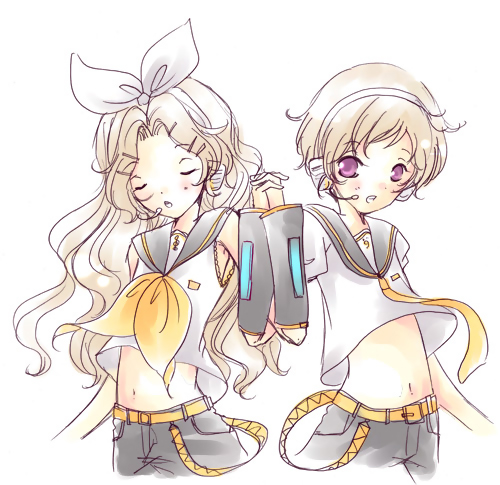 blush brown_hair closed_eyes code_geass cosplay hand_holding headphones holding_hands kagamine_len kagamine_len_(cosplay) kagamine_rin kagamine_rin_(cosplay) long_hair lowres midriff nunnally_lamperouge purple_eyes ribbon ribbons rolo_lamperouge violet_eyes vocaloid
