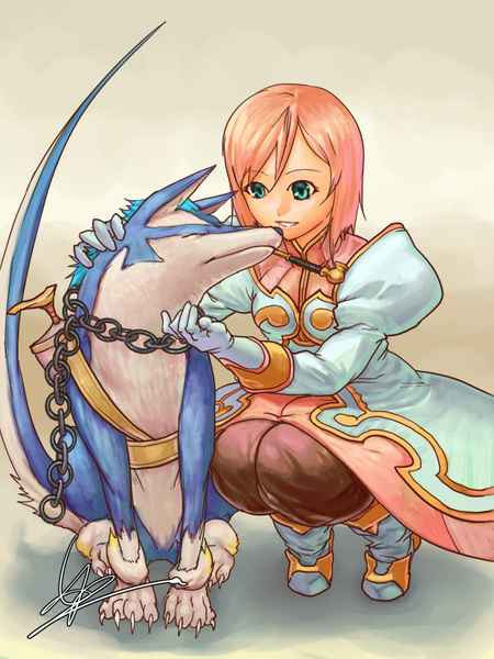 cwind dog estellise_sidos_heurassein gloves green_eyes kiseru out_of_character pink_hair pipe pixiv_thumbnail repede short_hair smile smoking squatting tales_of_(series) tales_of_vesperia xbox