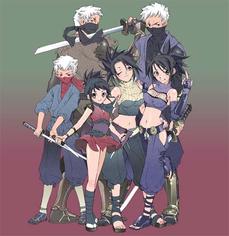 ayame black_hair breasts cleavage fishnets height_difference japanese_clothes kodachi lowres mask midriff multiple_persona navel ninja ninjatou rikimaru short_ponytail short_sword suika sword teenage tenchu time_paradox weapon white_hair wink young