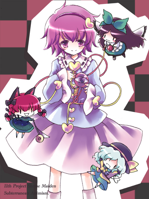 chibi hat heart heart_of_string kaenbyou_rin komeiji_koishi komeiji_satori long_hair pink_hair red_hair redhead reiuji_utsuho ribbon ribbons short_hair silver_hair suzuki_(chidori) title_drop touhou twintails