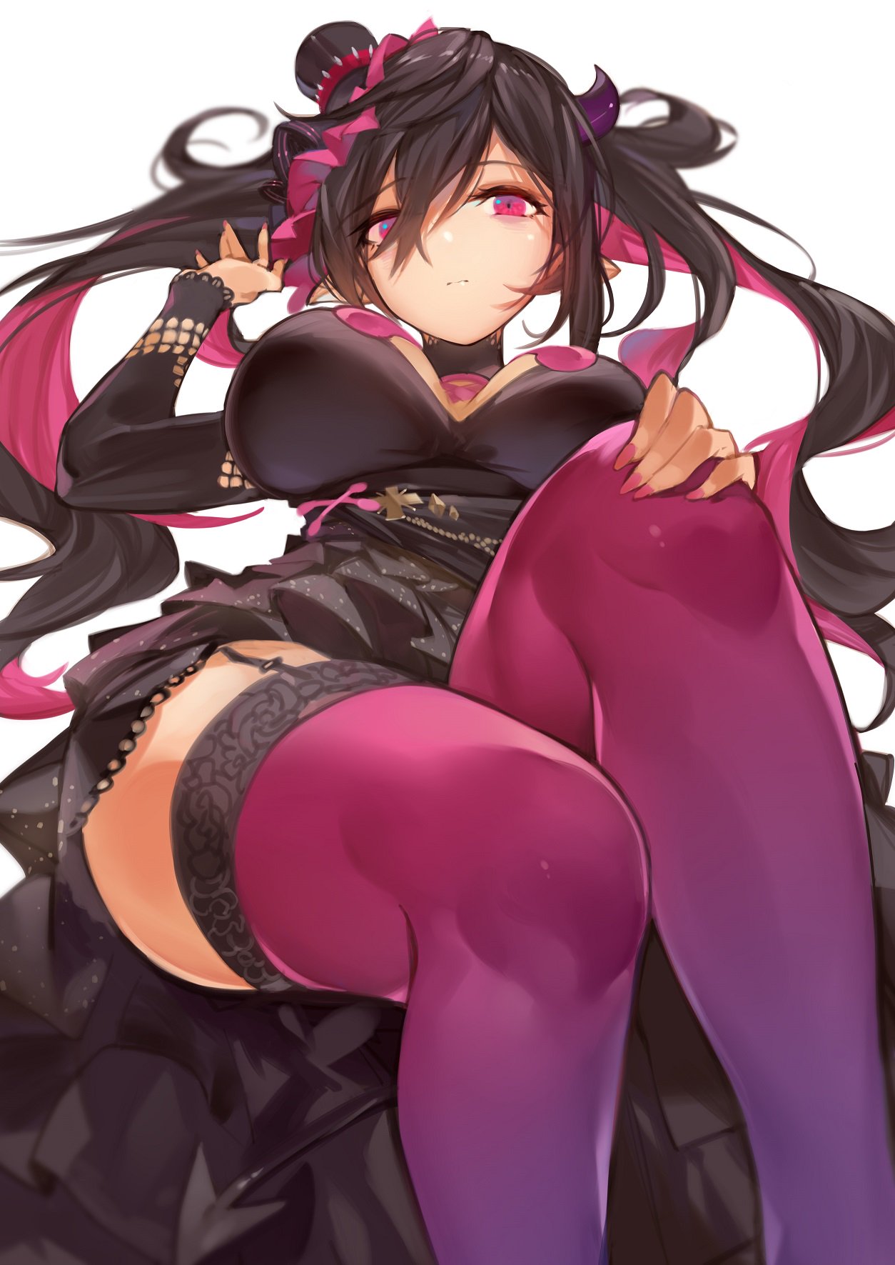 bags_under_eyes bangs black_clothes black_dress black_hair breasts commentary dress from_below garter_belt hair_between_eyes halterneck hana_mori hand_on_own_knee hand_up hat highres horns knee_up lace lace-trimmed_legwear lace-trimmed_sleeves large_breasts long_hair long_sleeves looking_at_viewer looking_down mini_hat multicolored_hair nail_polish nijisanji no_nose pink_eyes pink_hair pink_legwear pink_nails pointy_ears simple_background sitting tilted_headwear twintails two-tone_hair very_long_hair white_background yamiyono_moruru