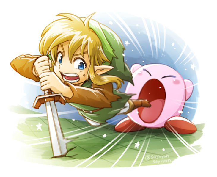 1boy 1other absorbing blonde_hair blue_eyes copy_ability hal_laboratory_inc. hat hoshi_no_kirby kirby kirby_(series) link long_hair male_focus nintendo open_mouth pointy_ears sayoyonsayoyo short_hair simple_background spoilers sword the_legend_of_zelda the_legend_of_zelda:_link's_awakening tunic weapon