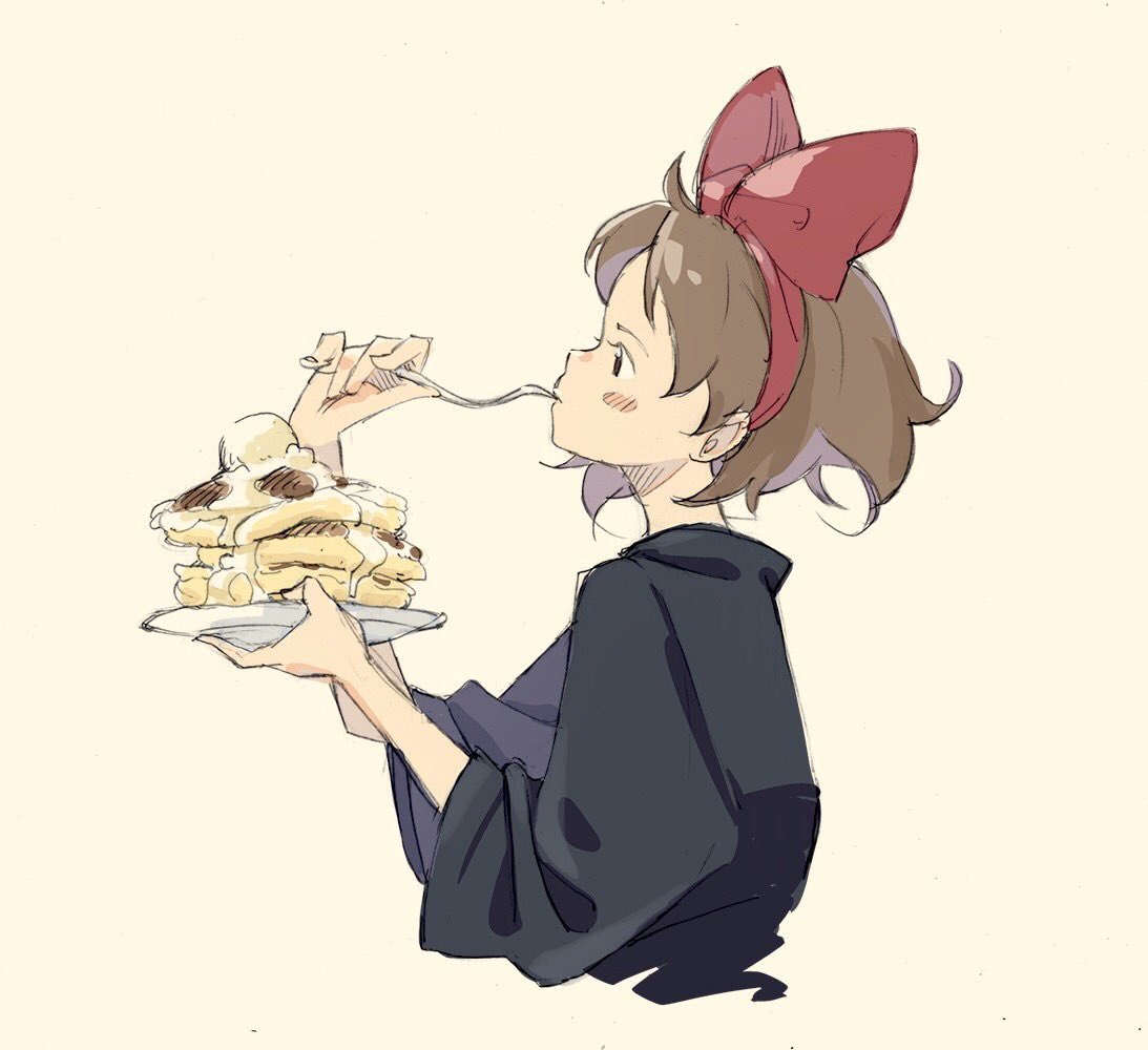 1girl beige_background black_dress bow brown_eyes brown_hair cropped_torso dress eating food fork from_side hair_bow hairband holding holding_fork holding_plate kiki long_sleeves majo_no_takkyuubin plate popman3580 red_bow red_hairband sketch solo wide_sleeves