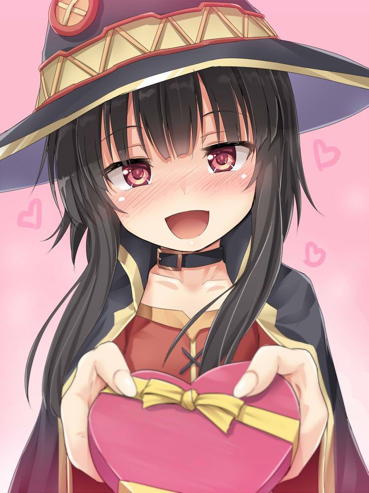 1girl bangs black_cape black_collar black_hair black_neckwear blush cape chocolate chocolate_heart collar collarbone commentary_request dot_nose dress eyebrows_visible_through_hair face fingernails hat heart kono_subarashii_sekai_ni_shukufuku_wo! medium_hair megumin red_dress red_eyes red_heart solo umarutsufuri witch_hat