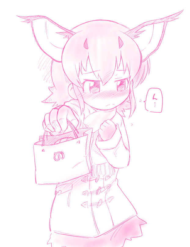 1girl animal_ears bag blush caracal_(kemono_friends) cat_ears clenched_hand coat cowboy_shot embarrassed food frown hand_up japari_bun japari_symbol kemono_friends looking_away monochrome reaching_out scarf short_hair simple_background sketch solo valentine white_background winter_clothes winter_coat yamaguchi_sapuri