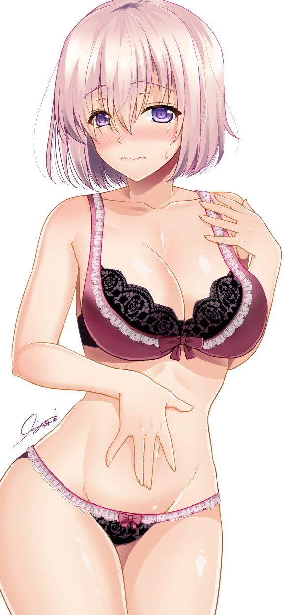 /\/\/\ 1girl bare_arms bare_shoulders black_panties blush bra breasts cleavage closed_mouth collarbone commentary_request cowboy_shot embarrassed fate/grand_order fate_(series) frilled_bra frilled_panties frills groin hair_between_eyes highres ishigami_kazui large_breasts lingerie looking_at_viewer mash_kyrielight navel nose_blush panties pink_bra short_hair signature silver_hair simple_background solo standing stomach sweat underwear violet_eyes wavy_mouth white_background