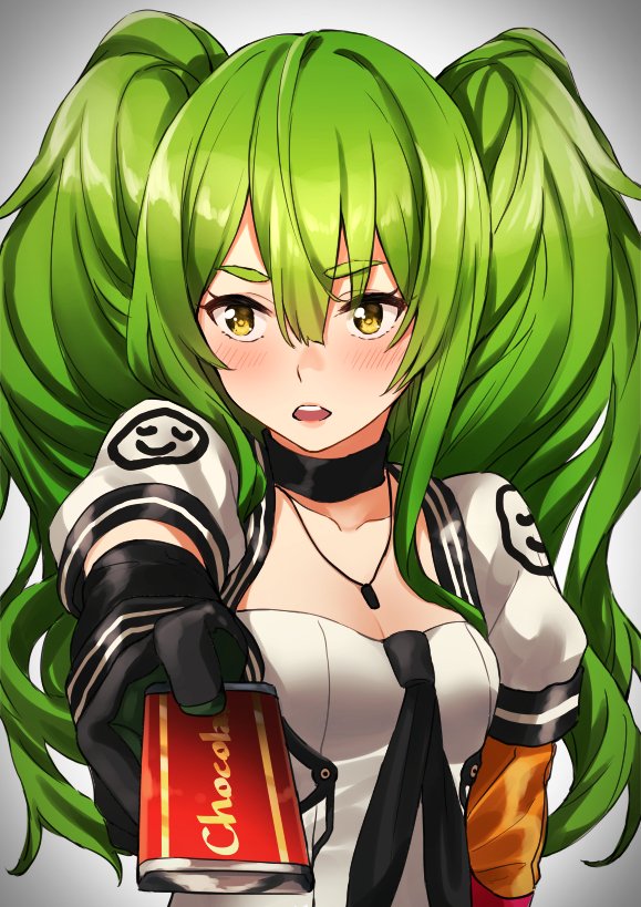 1girl bangs black_gloves blush chocolate chocolate_bar eyebrows eyebrows_visible_through_hair food girls_frontline giving gloves green_hair hair_between_eyes long_hair looking_away looking_to_the_side m950a_(girls_frontline) messy_hair open_mouth puffy_short_sleeves puffy_sleeves redlammy short_sleeves sidelocks solo thick_eyebrows twintails upper_body yellow_eyes