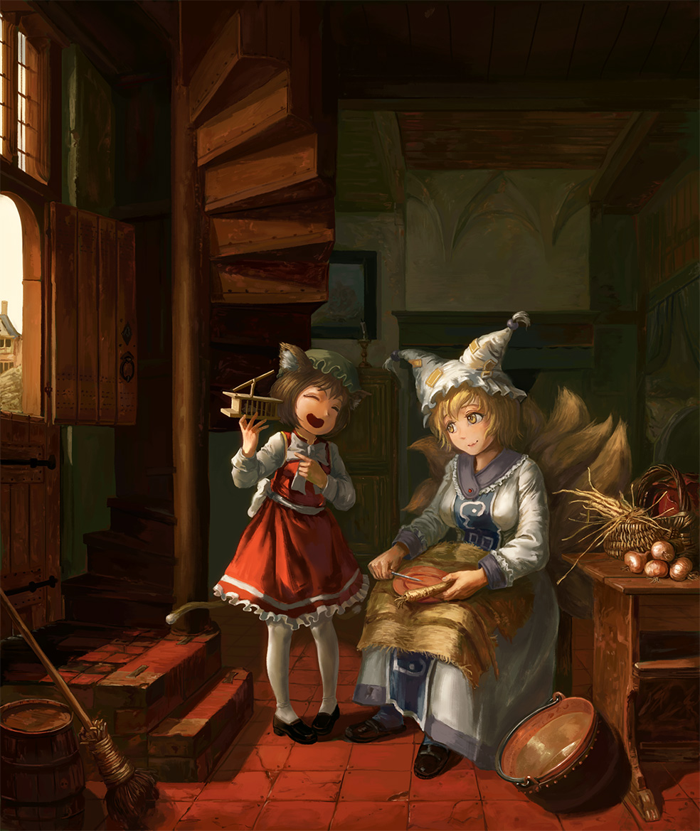2girls ^_^ amibazh animal_ears bangs basket blonde_hair bow bowtie brown_hair cat_ears cat_tail chen closed_eyes closed_eyes closed_mouth day door dress fine_art_parody food fox_ears fox_tail frilled_skirt frills full_body hands_up hat head_tilt height_difference holding holding_food indoors long_sleeves looking_at_another medium_skirt multiple_girls multiple_tails nekomata onion open_mouth pantyhose parody pillow_hat pointing red_skirt red_vest shoes short_hair sitting skirt skirt_set smile stairs standing tabard table tail touhou vegetable vest white_dress wide_sleeves yakumo_ran yellow_eyes