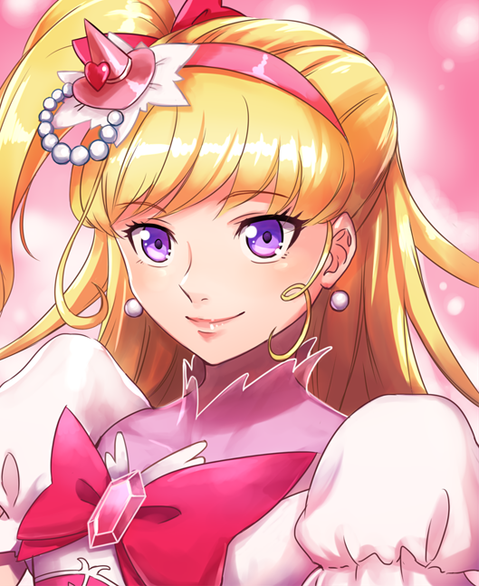 1girl asahina_mirai blonde_hair bow bowtie cure_miracle earrings eyebrows_visible_through_hair hair_bow hairband hat jewelry long_hair looking_at_viewer mahou_girls_precure! nyaasora pink_hairband pink_hat precure red_bow red_neckwear shiny shiny_hair side_ponytail smile solo violet_eyes witch_hat