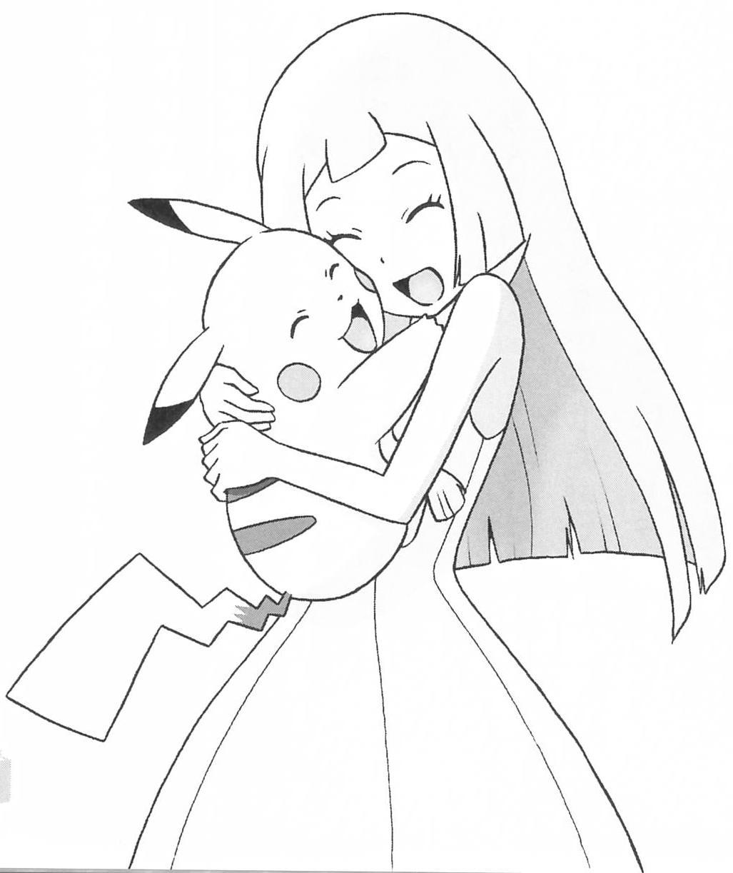 1girl creatures_(company) game_freak gen_1_pokemon highres hug lillie_(pokemon) long_hair monochrome nintendo official_art open_mouth pikachu pokemon pokemon_(anime) pokemon_sm_(anime) tail