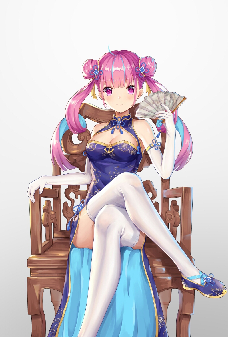 1girl ahoge alternate_costume bare_shoulders blue_dress blue_footwear blue_hair breasts chair china_dress chinese_clothes cleavage cleavage_cutout double_bun dress elbow_gloves fan folding_fan gloves gradient gradient_background hair_ornament hand_up hokori_sakuni holding holding_fan hololive legs_crossed long_hair looking_at_viewer medium_breasts minato_aqua multicolored_hair pink_eyes pink_hair shoes sitting sleeveless sleeveless_dress solo thigh-highs twintails two-tone_hair virtual_youtuber white_background white_gloves white_legwear