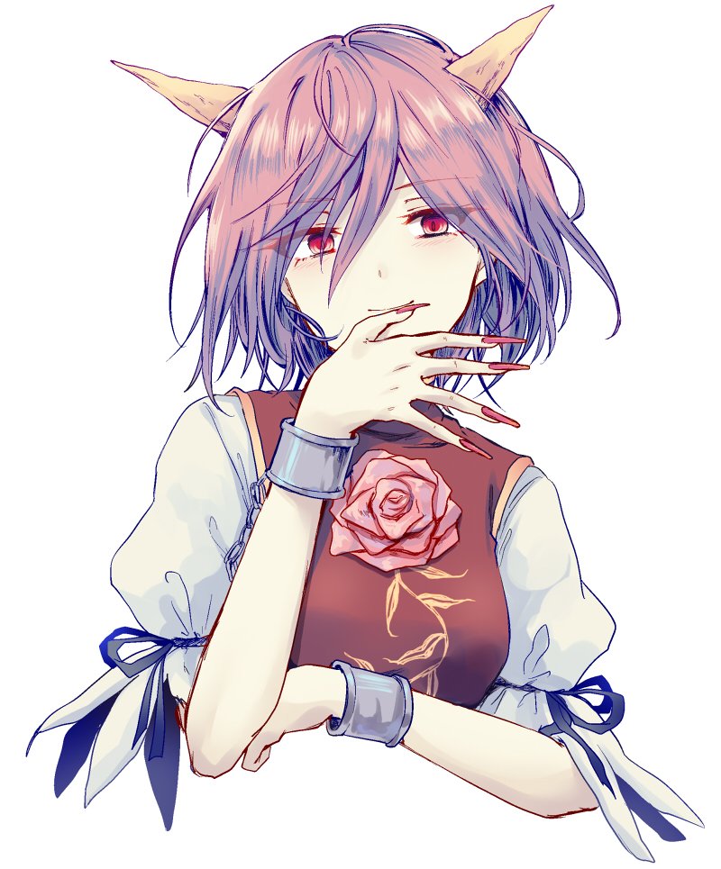 1girl arm_ribbon bangs black_ribbon breasts chains cropped_torso cuffs eyebrows_visible_through_hair eyelashes eyes_visible_through_hair fingernails flower hair_between_eyes hand_up horns ibaraki_douji's_arm looking_at_viewer medium_breasts nail_polish pink_eyes pink_flower pink_hair pink_rose puffy_short_sleeves puffy_sleeves red_nails ribbon rose shackles sharp_fingernails shirt short_hair short_sleeves simple_background smile solo spoilers tabard touhou upper_body uranaishi_(miraura) white_background white_shirt