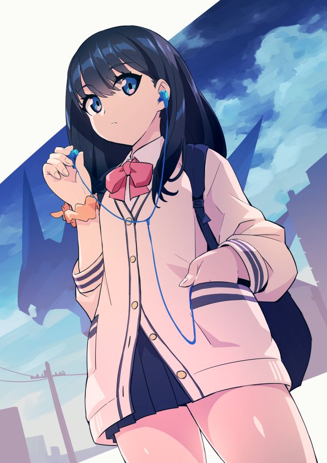 1girl bangs black_hair black_skirt blue_eyes bow bowtie buttons cardigan chingisu closed_mouth clouds collared_shirt cowboy_shot earphones earphones eyebrows_visible_through_hair fingernails frown hair_between_eyes hand_up long_hair miniskirt orange_scrunchie pink_bow pink_neckwear pleated_skirt pocket power_lines scrunchie shirt skirt sky solo ssss.gridman takarada_rikka thighs white_cardigan white_shirt wrist_scrunchie