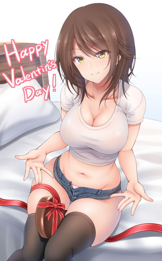 1girl bangs bed bed_sheet bedroom breasts brown_hair chocolate chocolate_heart cleavage closed_mouth commentary_request denim denim_shorts denpa_(denpae29) heart indoors large_breasts navel original pillow red_ribbon ribbon shirt short_shorts shorts sitting smile solo stomach thigh-highs thighs valentine white_shirt yellow_eyes