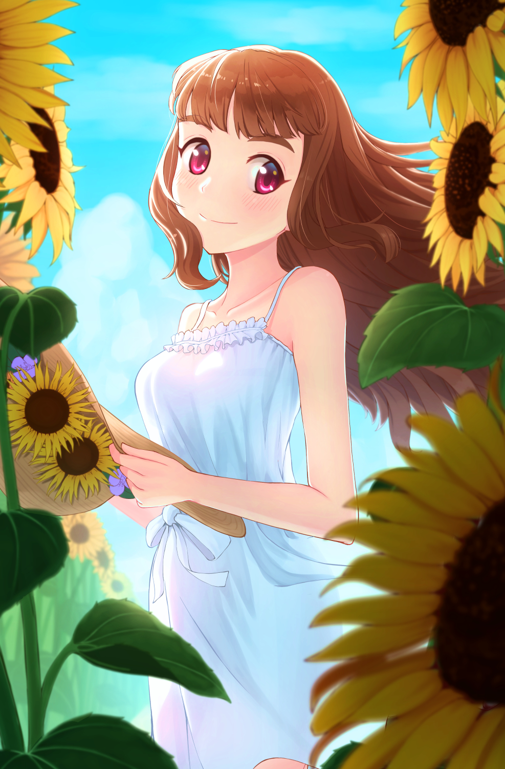 1girl blue_sky brown_hair day dress floating_hair flower hat highres holding holding_hat idolmaster idolmaster_cinderella_girls kamiya_nao long_hair looking_at_viewer ntn00a outdoors red_eyes short_dress sky sleeveless sleeveless_dress smile solo standing straw_hat sun_hat sundress sunflower white_dress yellow_flower
