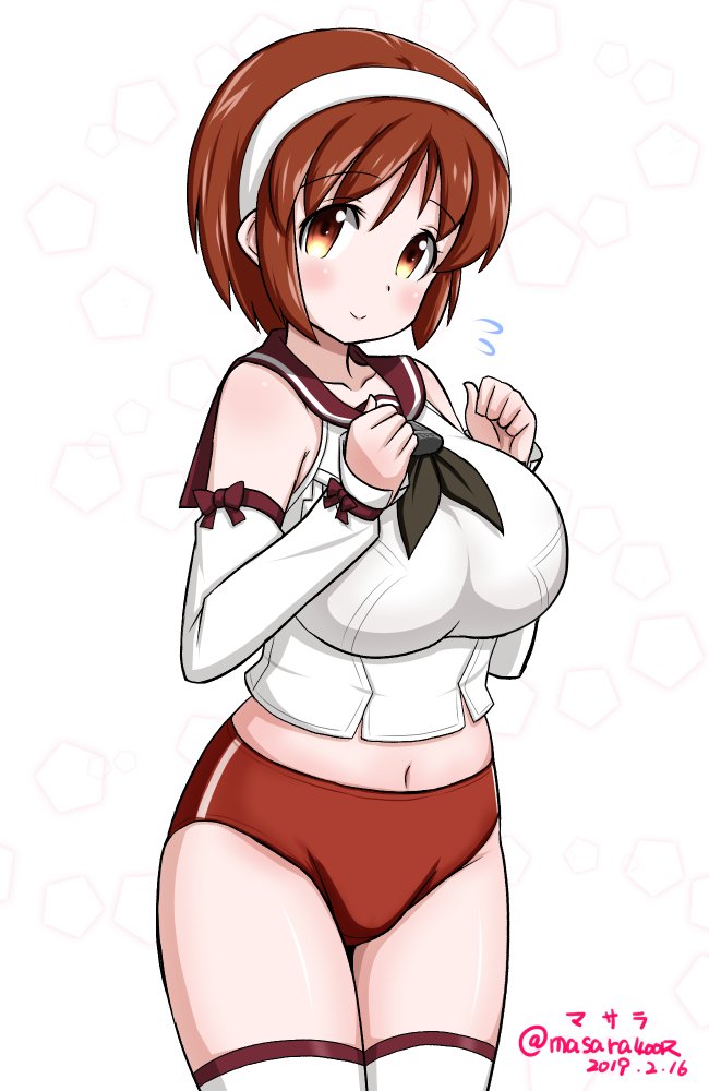 1girl artist_name breasts brown_eyes brown_hair buruma collarbone commentary_request cowboy_shot dated detached_sleeves flying_sweatdrops hairband kantai_collection large_breasts masara_(masalucky2010) natori_(kantai_collection) navel no_pants red_buruma school_uniform serafuku short_hair simple_background solo thigh-highs twitter_username white_background white_hairband white_legwear