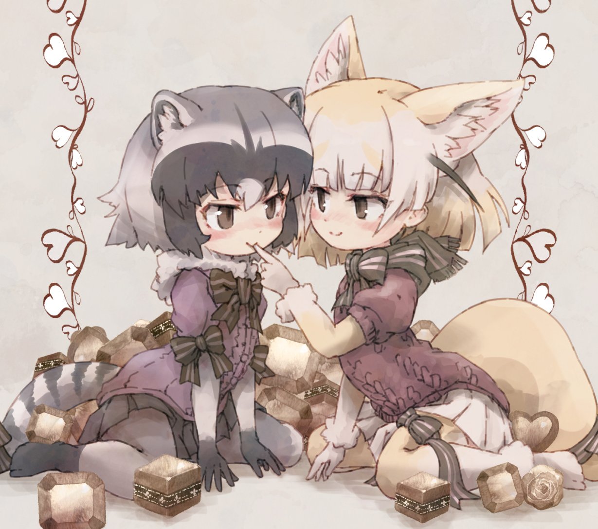2girls adapted_costume animal_ear_fluff animal_ears blonde_hair bow bowtie chocolate commentary common_raccoon_(kemono_friends) elbow_gloves eyebrows_visible_through_hair fennec_(kemono_friends) finger_to_another's_mouth fox_ears fox_tail fur_collar fur_trim gloves grey_hair kemono_friends kolshica multicolored_hair multiple_girls no_shoes pantyhose pleated_skirt puffy_short_sleeves puffy_sleeves raccoon_ears raccoon_tail short_hair short_sleeves skirt smile sweater tail thigh-highs thigh_bow zettai_ryouiki