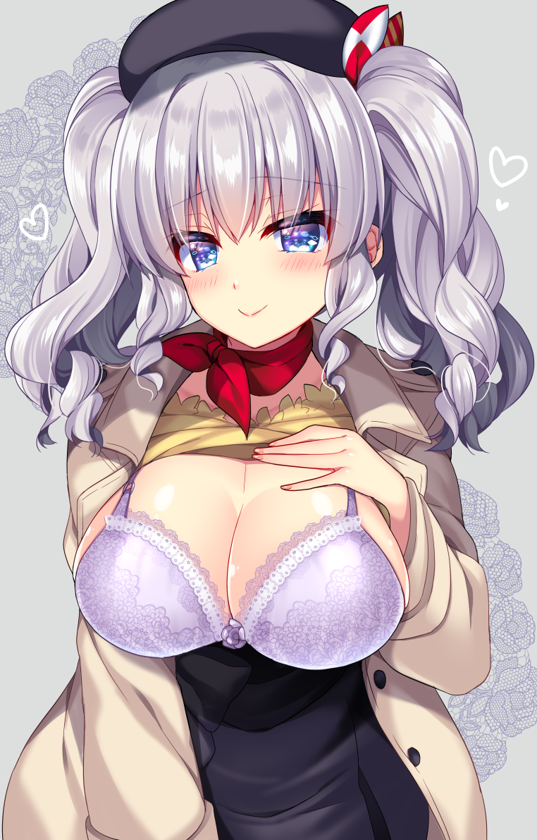 1girl blue_eyes blush bra breasts cleavage commentary_request eyebrows_visible_through_hair fingernails hair_between_eyes hand_on_own_chest hat jacket kantai_collection kashima_(kantai_collection) large_breasts long_sleeves looking_at_viewer neckerchief open_clothes open_shirt purple_bra red_neckwear ringo_sui sidelocks silver_hair smile solo twintails underwear wavy_hair white_jacket
