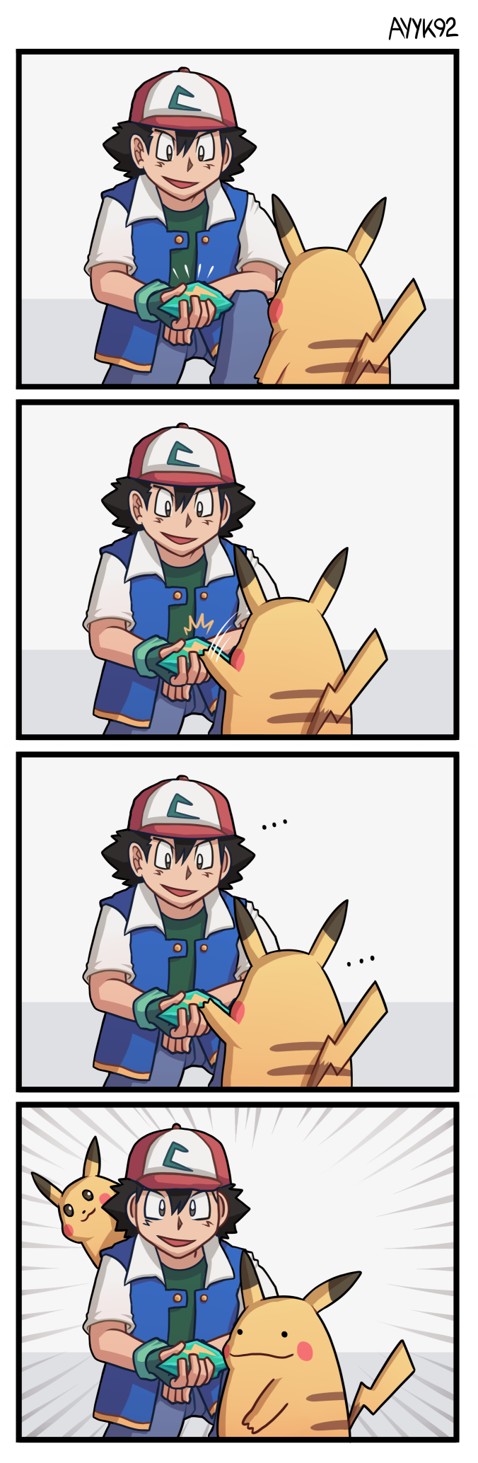 ... 1boy 4koma ayyk92 baseball_cap black_hair comic creatures_(company) denim ditto fingerless_gloves game_freak gen_1_pokemon gloves hat highres jacket jeans nintendo pants pikachu pokemon pokemon_(anime) pokemon_(creature) pokemon_(game) satoshi_(pokemon) shirt short_hair spoken_ellipsis t-shirt thunder_stone wing_collar