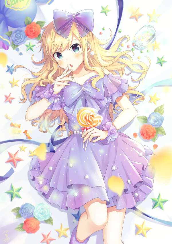 1girl :o alternate_costume bangs bare_shoulders bekkourico blonde_hair blue_bow blue_eyes blue_flower bow candy collarbone commentary_request dress eyebrows_visible_through_hair feet_out_of_frame flower food hair_bow hair_ornament holding idolmaster idolmaster_cinderella_girls long_hair looking_at_viewer lying on_ground ootsuki_yui open_mouth red_flower rose shiny short_sleeves solo star wrist_cuffs