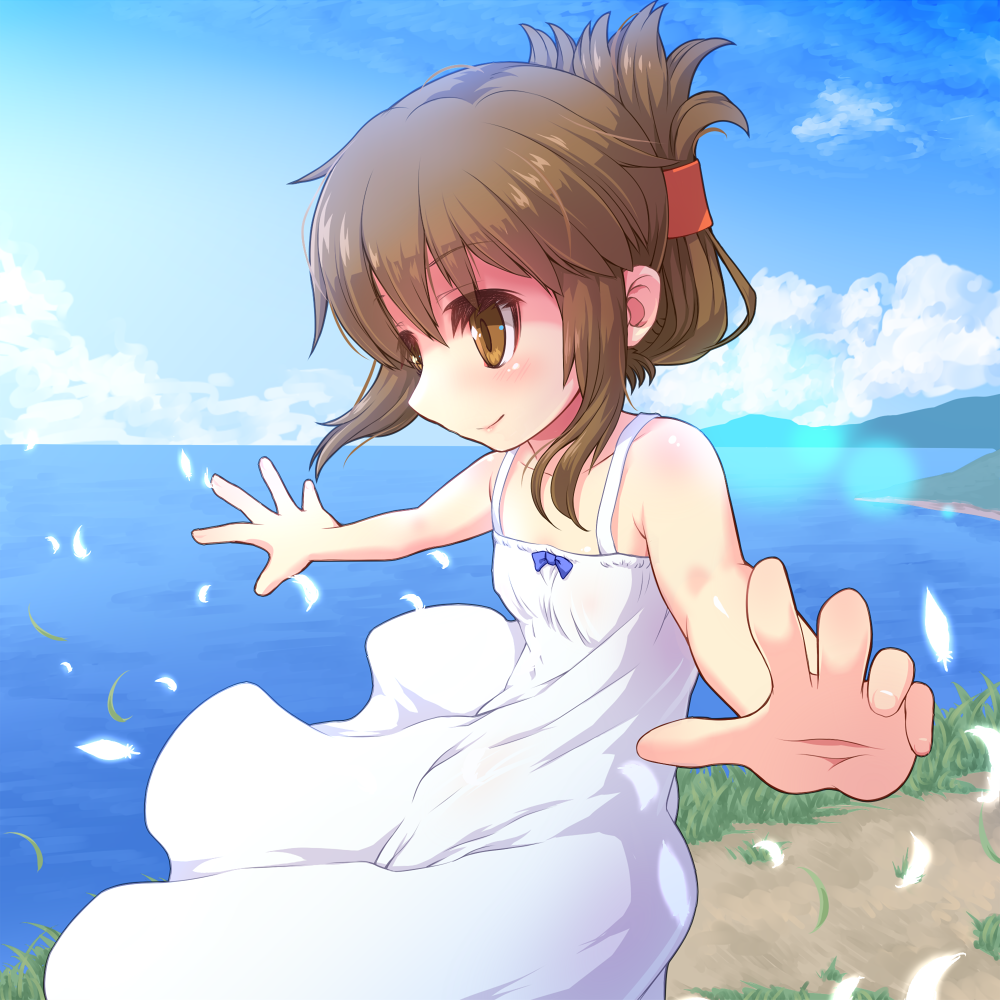 1girl alternate_costume blue_sky brown_eyes brown_hair clouds commentary_request cowboy_shot day dress folded_ponytail foreshortening grass horizon inazuma_(kantai_collection) kantai_collection long_hair mountain ocean off-shoulder_dress off_shoulder outdoors outstretched_arms petals scenery sky sleeveless sleeveless_dress smile solo white_dress you_naka