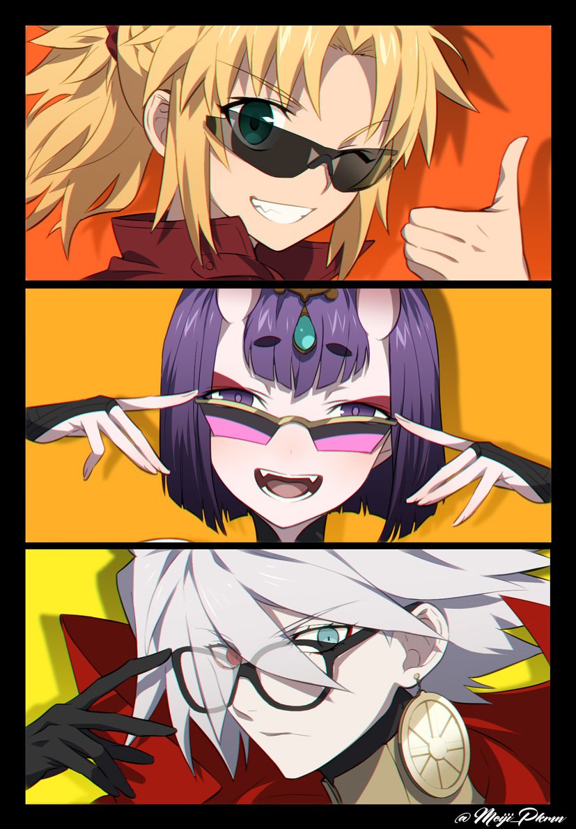 1boy 2girls bangs blonde_hair eyebrows_visible_through_hair eyes_visible_through_hair fate/grand_order fate_(series) glasses green_eyes hand_on_eyewear heterochromia karna_(fate) meiji_ken mordred_(fate) mordred_(fate)_(all) multiple_girls one_eye_closed open_mouth orange_background parted_lips portrait purple_hair red_eyes shadow short_hair shuten_douji_(fate/grand_order) sunglasses teeth thumbs_up violet_eyes white_hair yellow_background