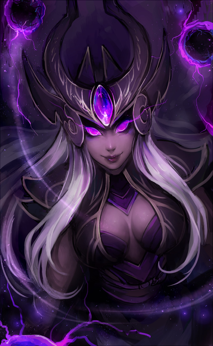 1girl breasts cleavage cleavage_cutout diadem glowing glowing_eyes large_breasts league_of_legends long_hair looking_at_viewer matilda_fiship pale_skin smile syndra tagme violet_eyes white_hair