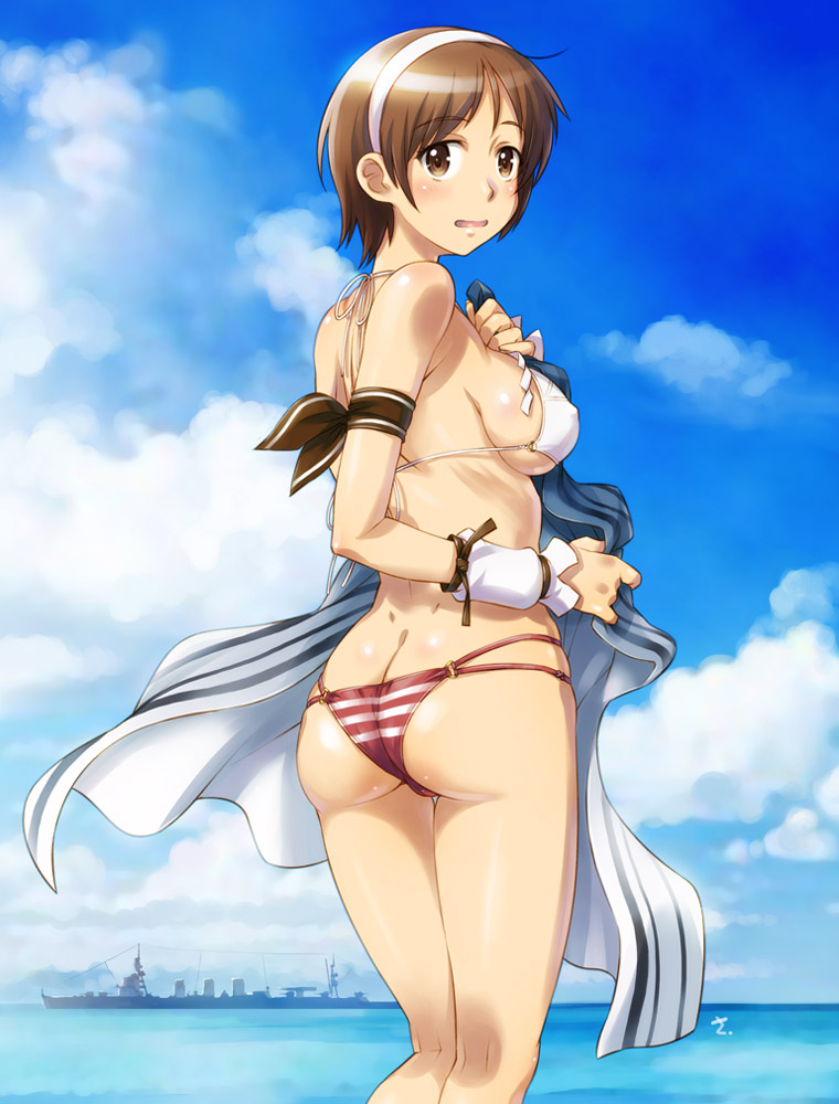 1girl arm_ribbon ass bikini black_ribbon blush breasts brown_eyes brown_hair clouds commentary_request covered_nipples day dimples_of_venus eyebrows_visible_through_hair from_behind hairband holding holding_towel kantai_collection kneepits looking_at_viewer looking_back medium_breasts mismatched_bikini natori_(cruiser) natori_(kantai_collection) outdoors parted_lips ribbon sameha_ikuya ship short_hair sky solo standing swimsuit towel water watercraft