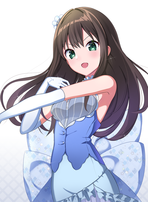 1girl :d back_bow bow brown_hair elbow_gloves floating_hair gloves green_eyes grey_shirt hair_ornament idolmaster idolmaster_cinderella_girls long_hair looking_at_viewer open_mouth shibuya_rin shirt simple_background sleeveless sleeveless_shirt smile solo sparkle standing striped striped_shirt sutoroa vertical_stripes white_background white_gloves