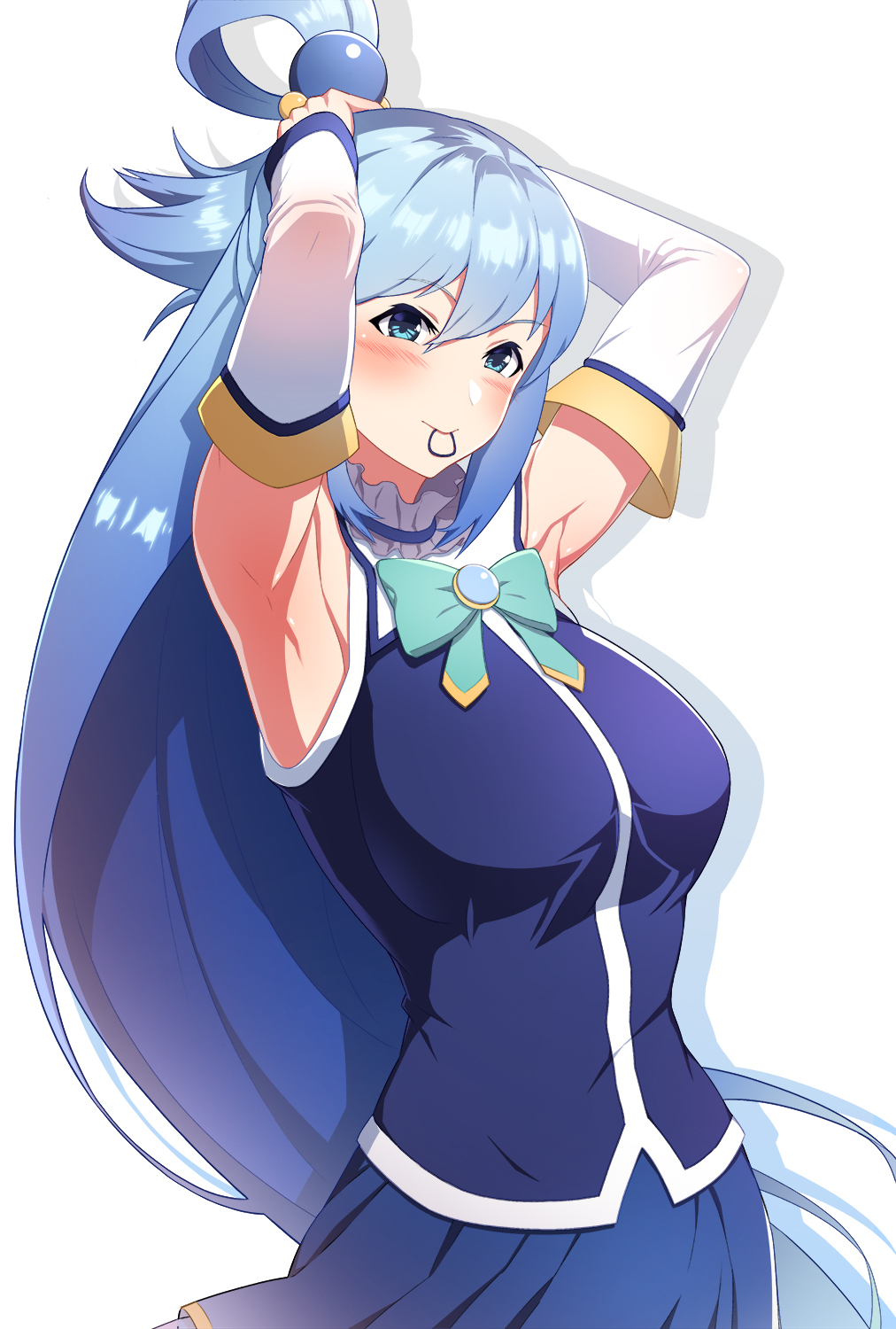 1girl adjusting_hair aqua_(konosuba) aqua_hair aqua_neckwear arm_warmers armpits blue_eyes blush breasts collar cowboy_shot eyebrows_visible_through_hair frilled_collar frills hair_between_eyes hair_bobbles hair_ornament hair_rings hair_tie_in_mouth hawawa highres kono_subarashii_sekai_ni_shukufuku_wo! large_breasts long_hair mouth_hold necktie shirt simple_background skirt sleeveless solo straight_hair white_background