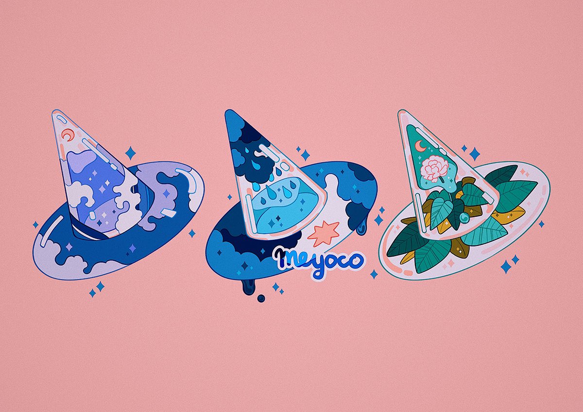 artist_name clouds commentary crescent_moon droplet english_commentary flower hat leaf liquid meyoco moon no_humans original pink_background pink_flower plant rain see-through shiny simple_background sparkle water water_drop waves witch_hat