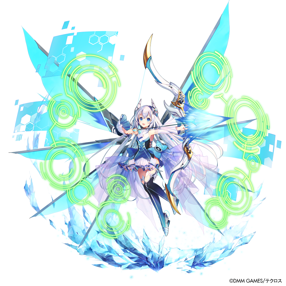 1girl :d armpits arrow bare_shoulders black_footwear blue_bow blue_eyes blue_shirt boots bow bow_(weapon) commentary_request detached_sleeves frilled_skirt frills full_body headgear holding holding_bow_(weapon) holding_weapon ice kami_project long_hair long_sleeves looking_at_viewer magic momoshiki_tsubaki official_art open_mouth see-through shirt silver_hair skirt smile solo thigh-highs thigh_boots very_long_hair watermark weapon white_skirt wide_sleeves wings