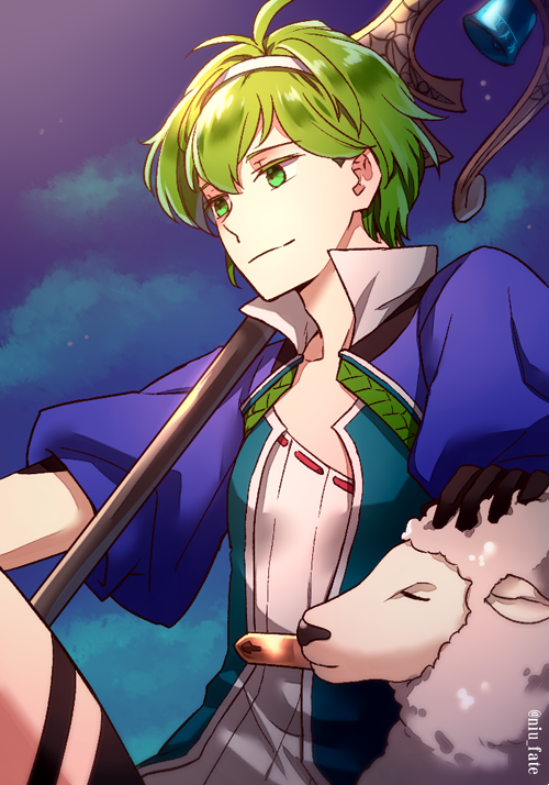 1boy ahoge animal bell black_gloves closed_mouth collarbone david_(fate/grand_order) fate/grand_order fate_(series) gloves green_eyes green_hair hair_between_eyes hair_ornament hairband high_collar holding holding_staff looking_away male_focus niu_illuminator open_clothes open_eyes petting sheep short_hair smile solo staff twitter_username