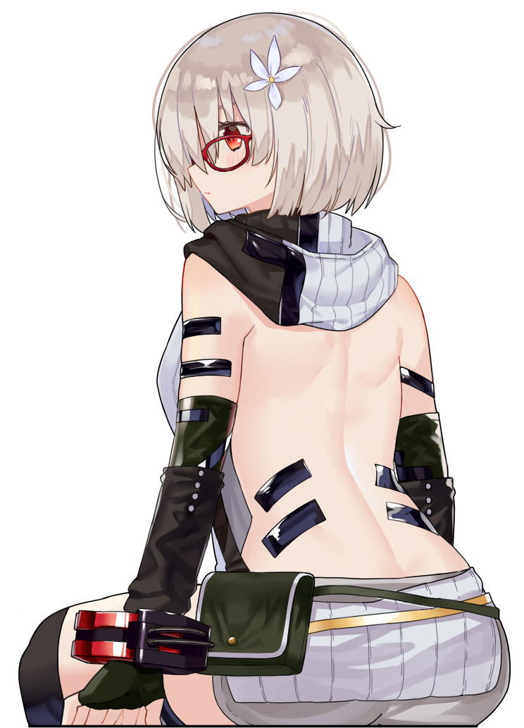 1girl arms_at_sides ass back backless_outfit bangs bare_back bare_shoulders black_legwear blush character_request closed_mouth commentary_request elbow_gloves fingerless_gloves flower from_behind glasses gloves god_eater god_eater_3 green_gloves grey_sweater hair_flower hair_ornament hood hood_down hooded_sweater looking_away looking_to_the_side meme_attire pouch profile red-framed_eyewear ryuuno6 short_hair silver_hair simple_background sitting solo sweater thigh-highs virgin_killer_sweater white_background white_flower