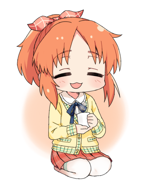 1girl :3 =_= abe_nana blue_neckwear blue_ribbon blush bow chibi closed_eyes collared_shirt cup full_body hair_bow holding holding_cup hot_drink idolmaster idolmaster_cinderella_girls kneeling long_sleeves moru_(monaka) neck_ribbon no_nose orange_hair plaid plaid_bow plaid_skirt pleated_skirt red_bow red_skirt ribbon shirt short_hair skirt solo thigh-highs white_legwear white_shirt yellow_cardigan zettai_ryouiki