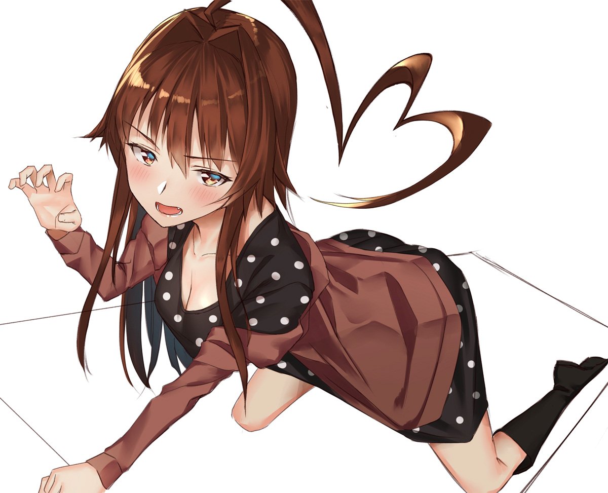 1girl ahoge all_fours black_dress black_footwear boots brown_eyes brown_hair brown_jacket commentary_request curled_fingers dress fang huge_ahoge jacket kantai_collection kuma_(kantai_collection) long_hair open_mouth pallad polka_dot polka_dot_dress simple_background solo teeth white_background