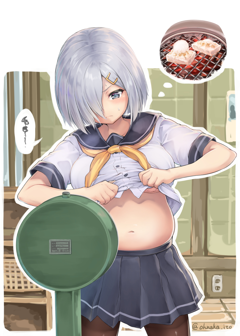 1girl bloated blue_eyes blue_skirt blush breasts electric_socket embarrassed hair_ornament hair_over_one_eye hairclip hamakaze_(kantai_collection) indoors kantai_collection large_breasts looking_down midriff navel oonaka_ito overeat pantyhose pleated_skirt sailor_collar scales school_uniform serafuku shirt_lift short_hair short_sleeves silver_hair skirt solo spoken_squiggle squiggle striped striped_skirt thinking twitter_username upper_body weight_conscious yellow_neckwear