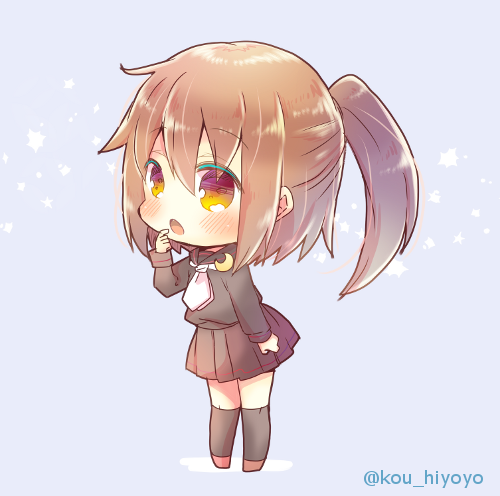 1girl bangs black_legwear black_sailor_collar black_serafuku black_shirt black_skirt blue_background blush brown_eyes brown_footwear brown_hair chibi commentary_request crescent crescent_moon_pin eyebrows_visible_through_hair full_body fumizuki_(kantai_collection) hair_between_eyes hand_to_own_mouth hand_up kantai_collection kneehighs kouu_hiyoyo long_hair long_sleeves lowres neckerchief open_mouth pleated_skirt ponytail sailor_collar school_uniform serafuku shirt shoes sidelocks skirt solo standing twitter_username white_neckwear