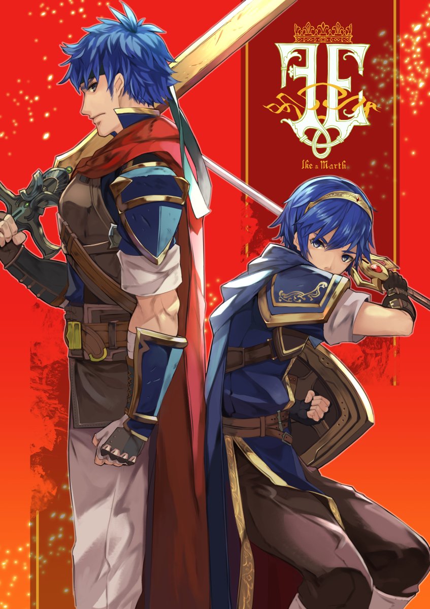 2boys armor blue_eyes blue_hair cape falchion_(fire_emblem) fingerless_gloves fire_emblem fire_emblem:_akatsuki_no_megami fire_emblem:_mystery_of_the_emblem fire_emblem:_souen_no_kiseki fire_emblem_heroes gloves headband highres ike intelligent_systems kurosawa_tetsu looking_at_viewer male_focus marth multiple_boys nintendo ragnell shield short_hair simple_background sora_(company) super_smash_bros. super_smash_bros_brawl sword tiara weapon