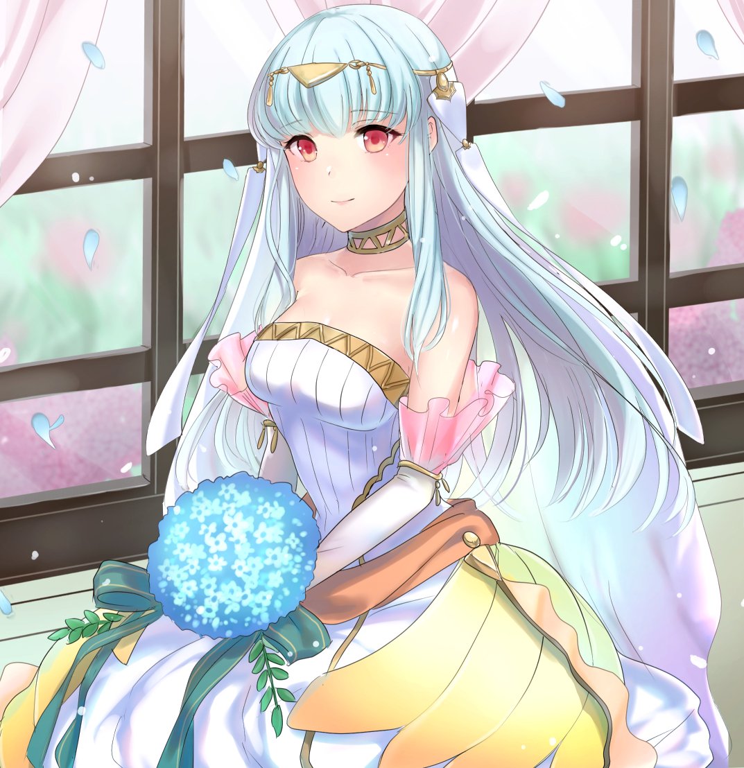 1girl blue_hair bouquet bride dress elbow_gloves fire_emblem fire_emblem:_rekka_no_ken fire_emblem_heroes flower gloves haru_(nakajou-28) holding holding_bouquet long_hair mamkute ninian nintendo petals red_eyes smile solo strapless strapless_dress veil wedding_dress white_dress white_gloves window