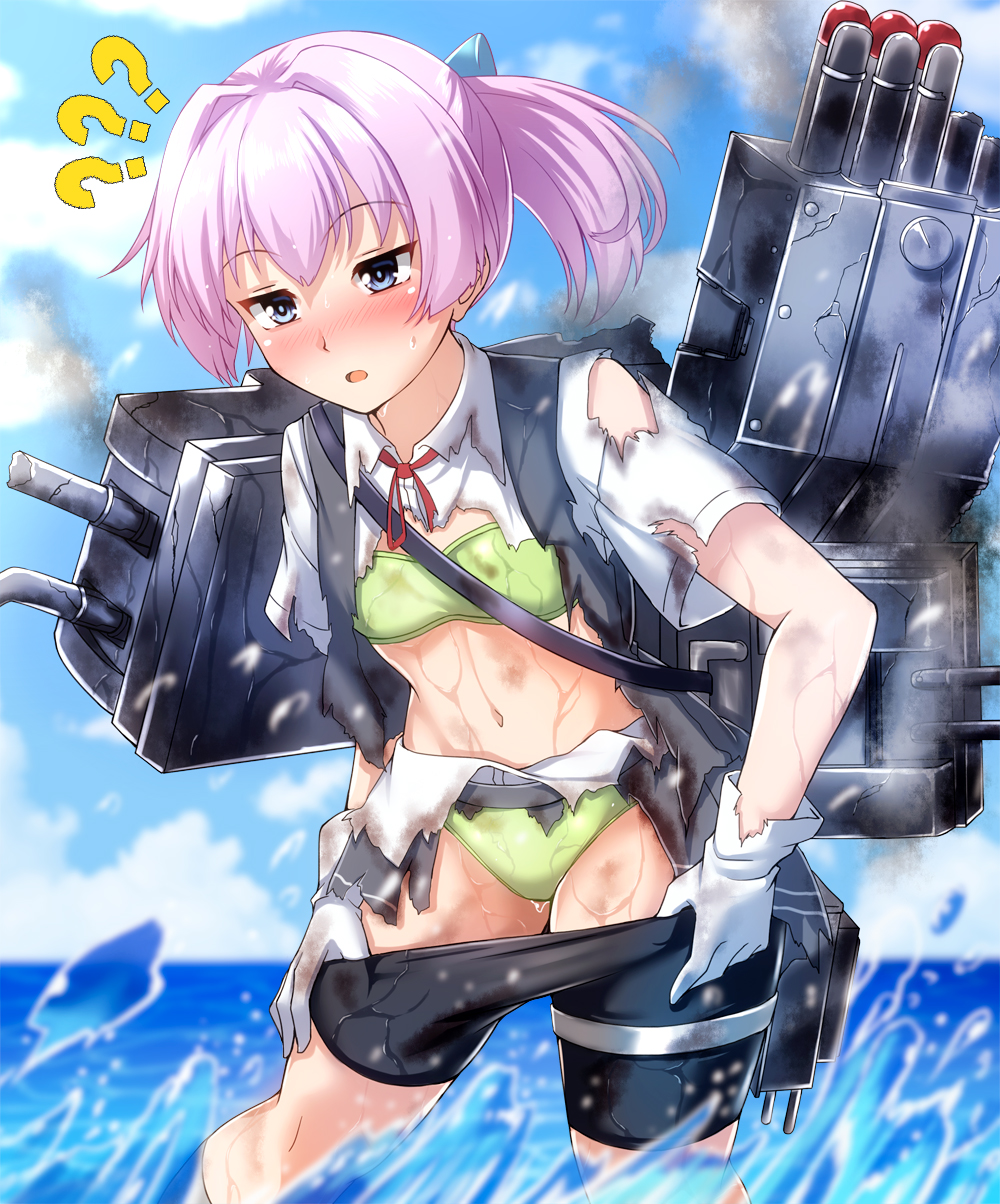 1girl ?? bandeau bike_shorts black_shorts blue_eyes blue_sky blurry bra cannon clouds commentary_request day depth_of_field dress_shirt gloves green_bra green_panties grey_vest highres horizon kantai_collection machinery neck_ribbon outdoors panties pink_hair pleated_skirt ponytail red_ribbon ribbon school_uniform shiranui_(kantai_collection) shirt short_ponytail short_sleeves shorts shorts_under_skirt skirt sky solo standing torn_clothes torpedo_launcher turret underwear undressing vest water wet wet_clothes white_gloves white_shirt zanntetu
