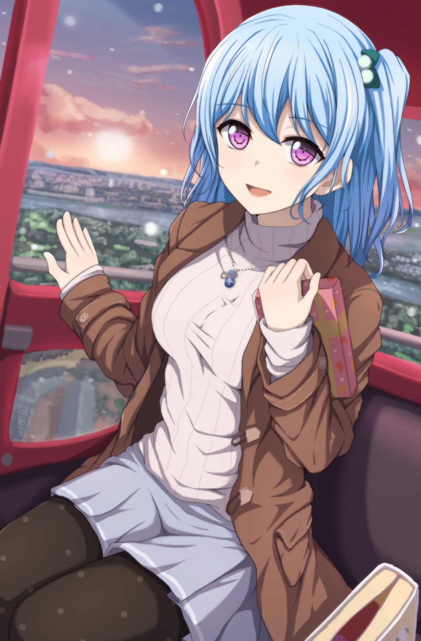1girl :d bag bang_dream! black_legwear blue_skirt blurry box brown_coat city cityscape coat depth_of_field duffel_coat evening ferris_wheel_interior gradient_sky grey_sweater hand_up highres holding holding_box horizon jewelry long_hair long_sleeves looking_at_viewer matsubara_kanon miniskirt narafume necklace one_side_up open_clothes open_coat open_mouth outdoors pantyhose pleated_skirt polka_dot pom_pom_(clothes) ribbed_sweater sidelocks sitting skirt sky smile solo sweater turtleneck turtleneck_sweater violet_eyes