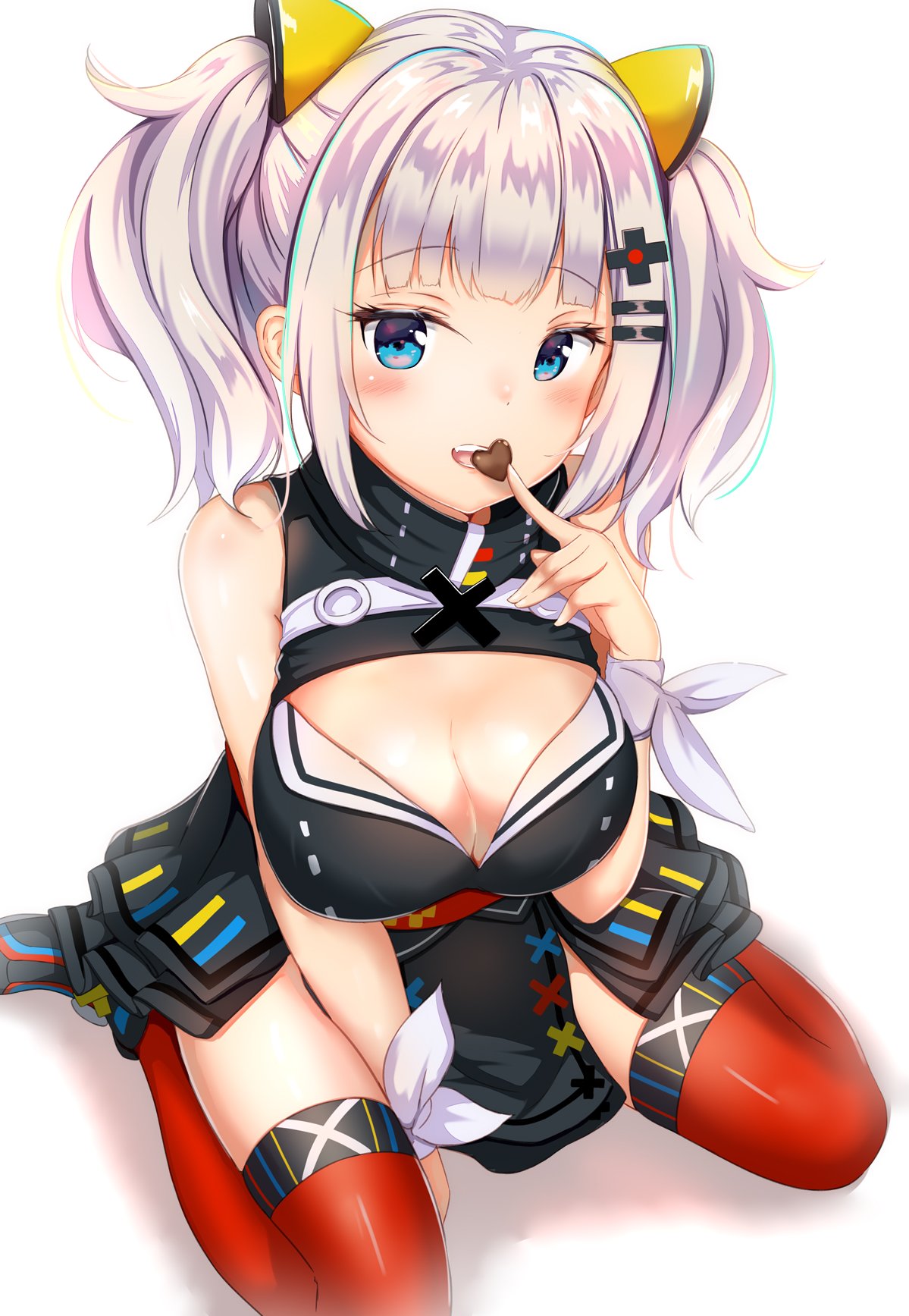 1girl bare_arms bare_shoulders black_footwear black_shirt black_skirt blue_eyes breasts chocolate chocolate_heart cleavage cleavage_cutout d-pad d-pad_hair_ornament fang hair_ornament hairclip hand_up heart highres kaguya_luna kaguya_luna_(character) large_breasts long_hair looking_at_viewer miniskirt open_mouth pelvic_curtain red_legwear ribbon shadow shirt shoes sidelocks simple_background sitting skirt sleeveless sleeveless_shirt solo thigh-highs twintails virtual_youtuber wariza white_background white_hair white_ribbon wrist_ribbon yuano zettai_ryouiki