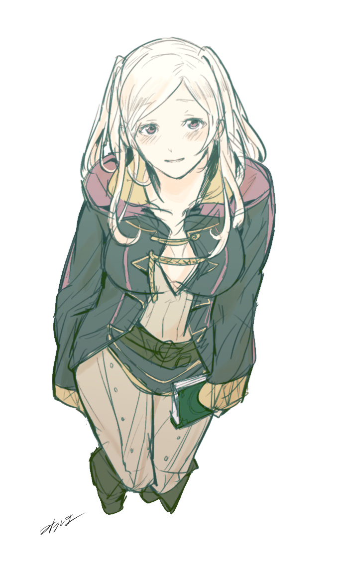 1girl blush book breasts cleavage female_my_unit_(fire_emblem:_kakusei) fire_emblem fire_emblem:_kakusei full_body long_hair long_sleeves looking_at_viewer medium_breasts mitsusima_(kaniokowa) my_unit_(fire_emblem:_kakusei) nintendo pants robe shirt signature silver_hair simple_background sketch smile solo twintails violet_eyes white_background
